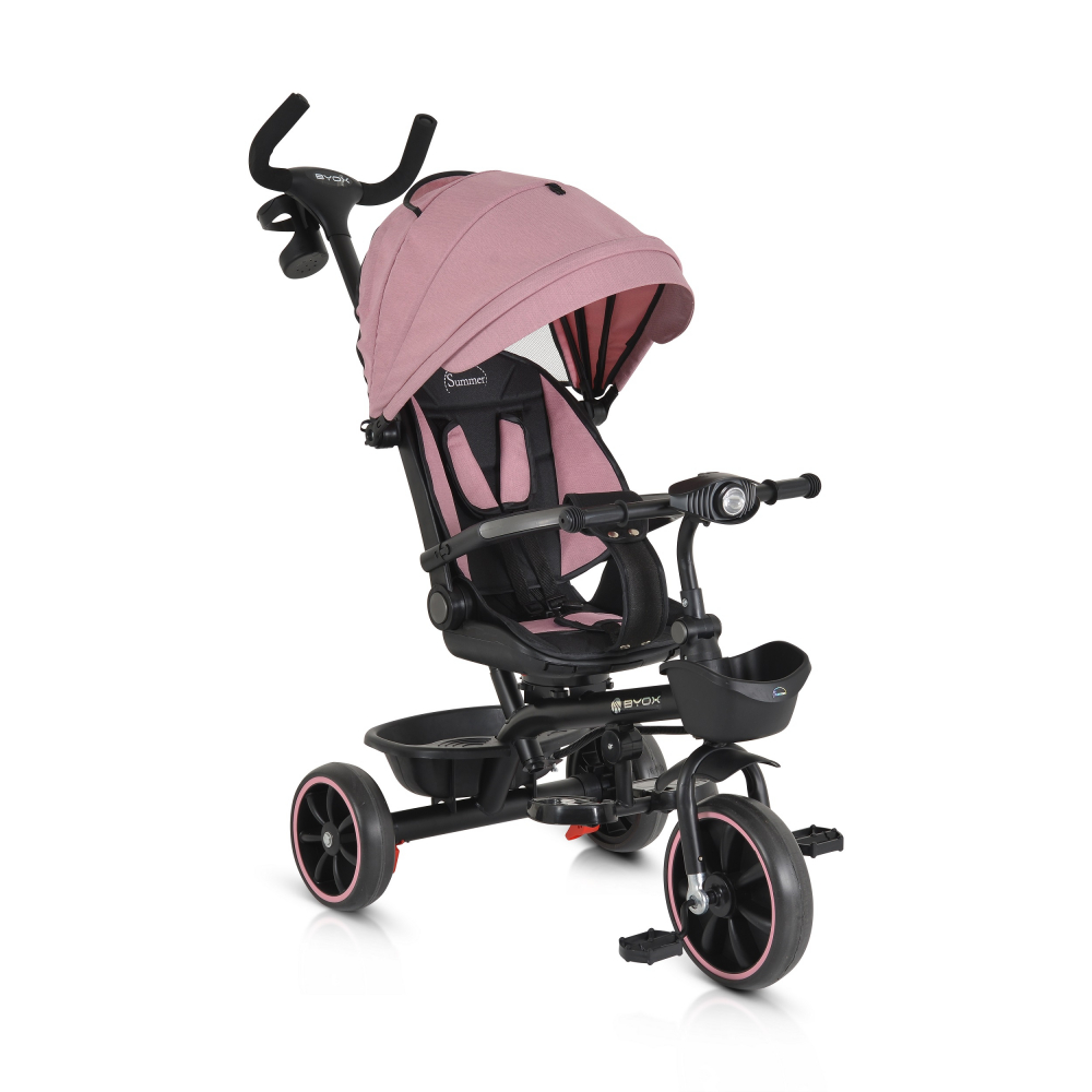 Tricicleta pentru copii Byox Summer Pink cu roti Eva maner parental detasabil scaun rotativ spatar reglabil si suport picioare