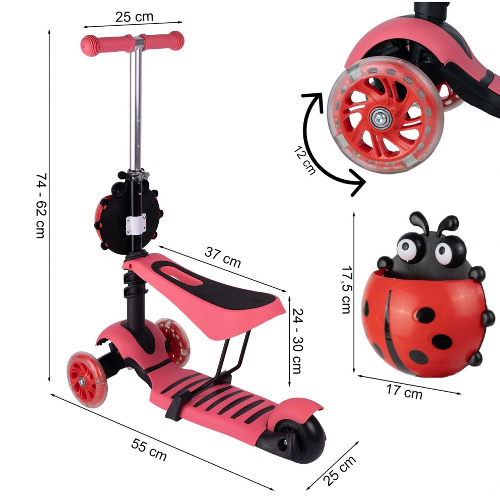 Trotineta 3 in 1, cu roti luminoase LED, ghidon si scaunel ajustabile, Frana pe roata din spate si cosulet in forma de buburuza, Pink Ladybug