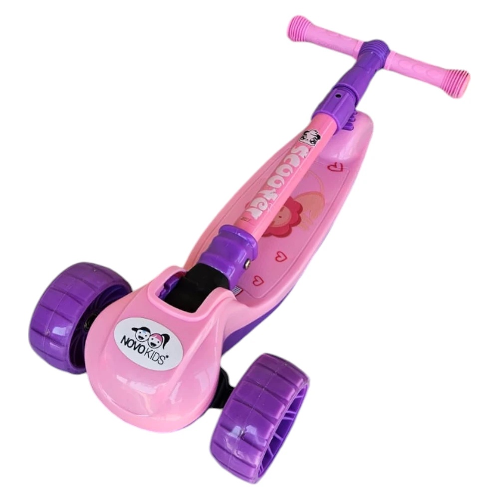 Trotineta pentru copii Novokids Mini Scooter 8150 Roz cu roti luminoase din silicon, melodii si lumini, 3 roti, pliabila, maner reglabil pe inaltime, greutate suportata 50 kg - 2