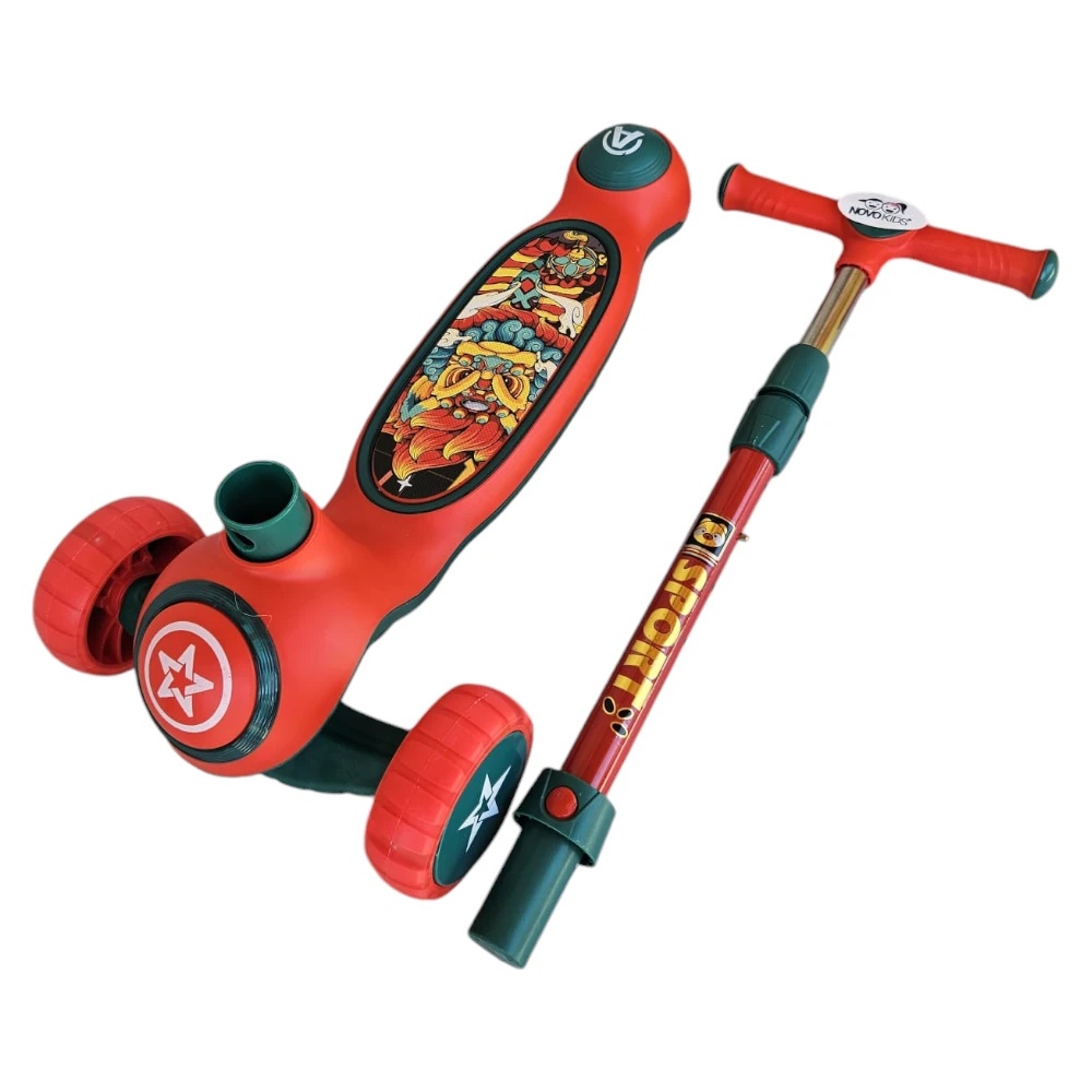 Trotineta pentru copii Novokids Mini Scooter 9080 Rosu cu roti luminoase din silicon, melodii si lumini, 3 roti, pliabila, maner reglabil pe inaltime, greutate suportata 50 kg - 2