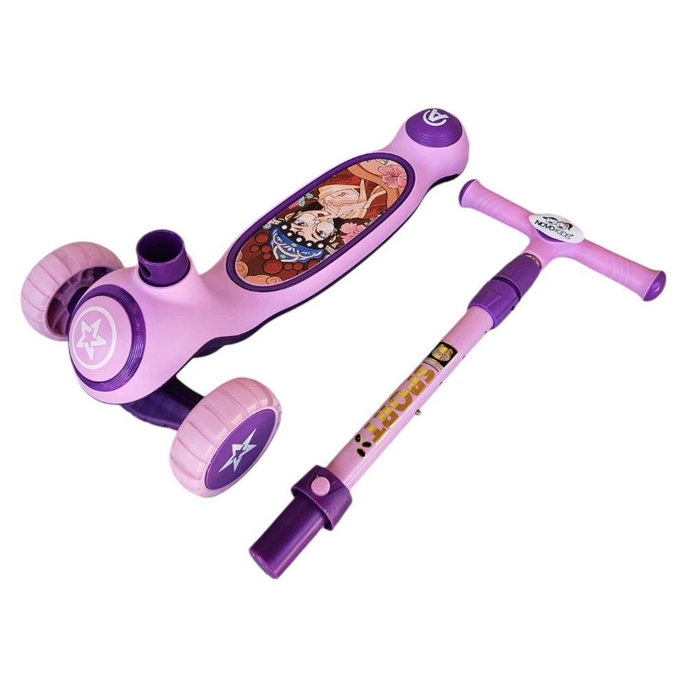 Trotineta pentru copii Novokids Mini Scooter 9080 Pink cu roti luminoase din silicon, melodii si lumini, 3 roti, pliabila, maner reglabil pe inaltime, greutate suportata 50 kg - 2
