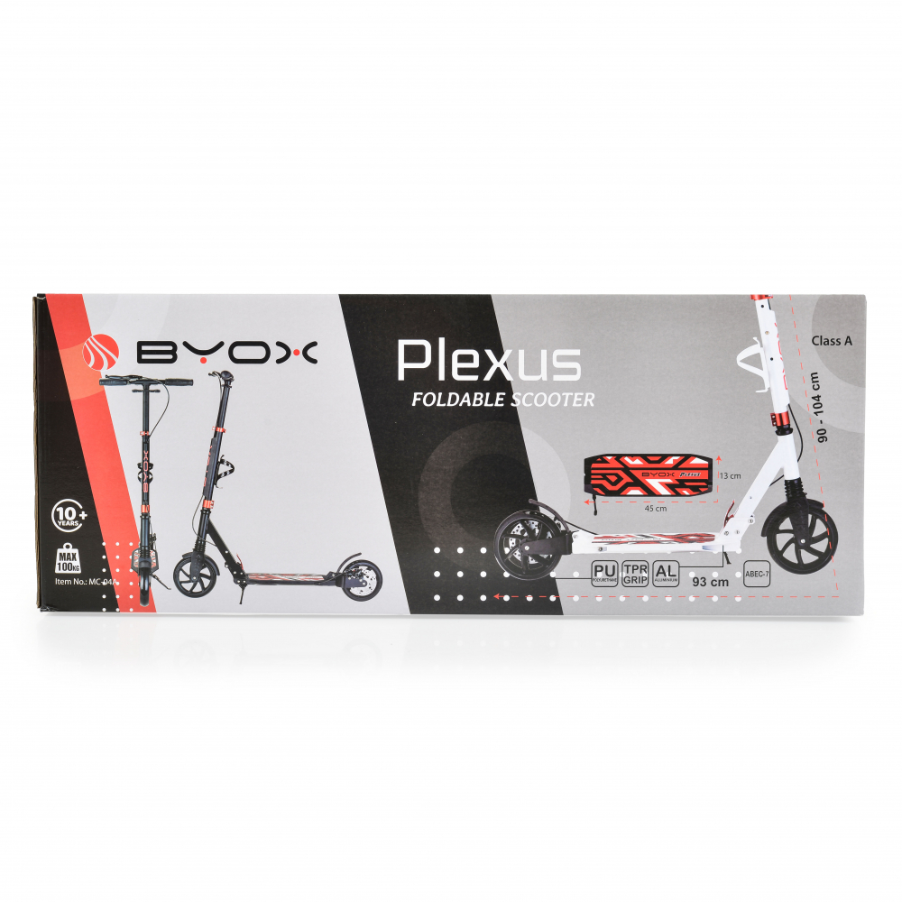 Trotineta cu cadru din aluminiu,3 nivele de reglare a inaltimii,roti PU,suspensii,frana de mana pe disc,de la 10 ani pana la 100kg Byox Plexus White cu suport sticla si centura transport incluse - 1 | YEO