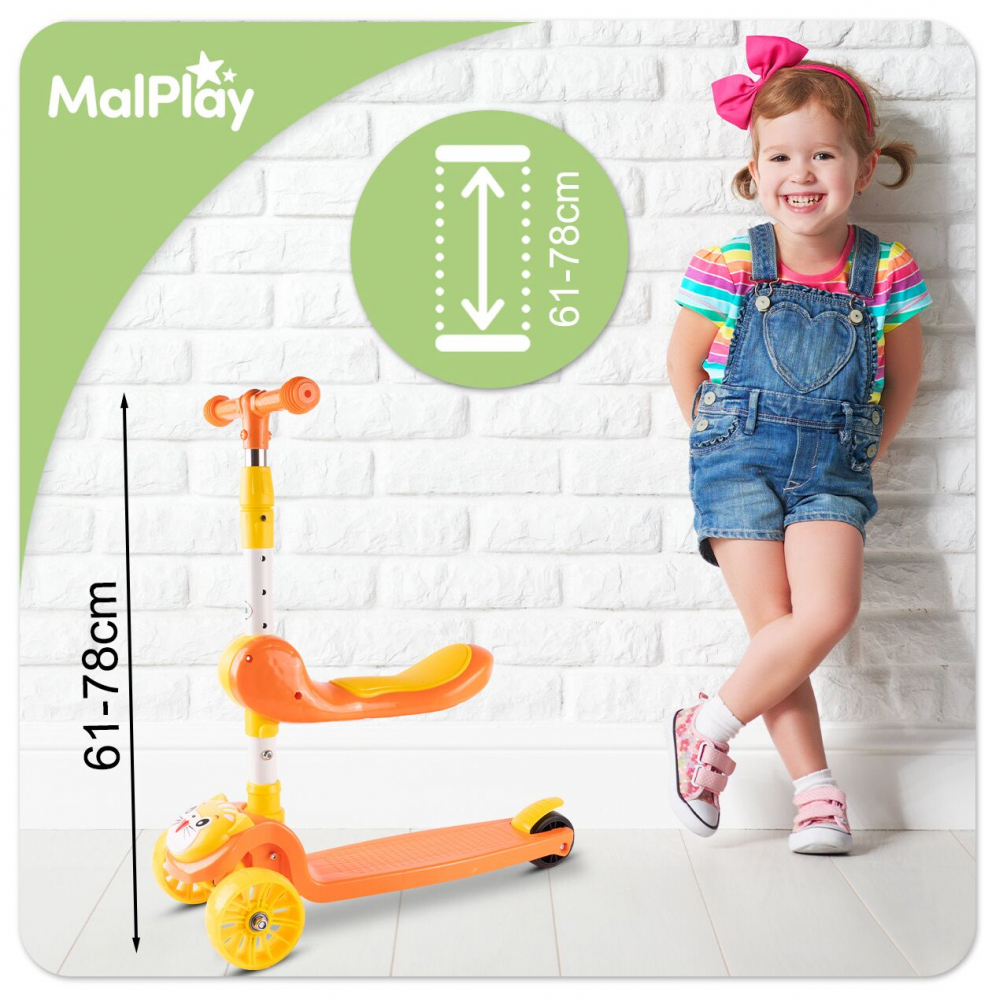 Trotineta pentru copii Malplay model 2 in 1 cu trei roti, dotata cu scaunel detasabil, ghidon ajustabil in 4 trepte, platforma antiderapanta, roti luminoase cu led, frana pe roata din spate si functie de pliere, orange kitty - 2