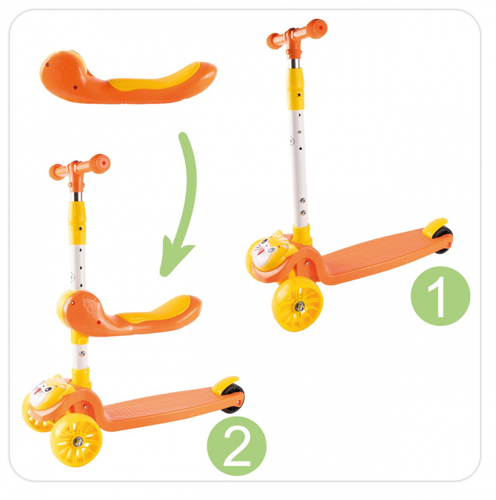 Trotineta pentru copii Malplay model 2 in 1 cu trei roti, dotata cu scaunel detasabil, ghidon ajustabil in 4 trepte, platforma antiderapanta, roti luminoase cu led, frana pe roata din spate si functie de pliere, orange kitty - 4