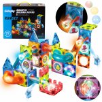 Set de constructie magnetic cu 75 elemente multicolore, cu bile si pista luminoasa RunSet