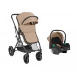 Carucior transformabil 3in1 KikkaBoo cu scaun auto I-Size,cadru din aluminiu,suspensii pe roti si cadru,sezut reversibil,capotina XXL,roti rezistente din PU,bara de protectie detasabila,husa picioare inclusa One Beige