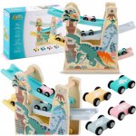 Circuit cu masinute pentru copii Ricokids Dinosaur cu 4 nivele si 4 masinute, realizat din lemn, dimensiune 9.5 x 30 x 24 cm