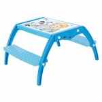 Masuta copii din plastic aditivat cu doua bancute Novokids Study Table 95X78X49 cm, Suprafata lucioasa, Model Baietel cu Catelus Albastru