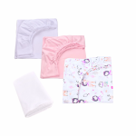 Set 3 cearsafuri alb roz si model fetite + protectie impermeabila patut 90x40/50 cm