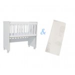 Set Patut din lemn cu somiera reglabila Nichiduta White Mini Cot cu laterala culisanta si roti 90x40 cm + Saltea pentru patut bebelusi cocos-burete cu husa lavabila si detasabila cu fermoar Dreamillo Bunny