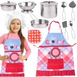 Set de bucatarie, cu 12 accesorii si vase din otel inoxidabil in diferite dimensiuni, cu sortulet inclus, 44 x 54 cm, Junior Chef