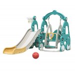 Spatiu de joaca pentru copii interior/exterior 3in1 Nichiduta Garden cu tobogan,leagan cu bara de protectie detasabila,jucarie muzicala,cos de baschet si mingie inclusa Happy Turtle Arcada Blue