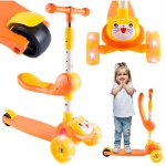 Trotineta 2 in 1 cu trei roti, dotata cu scaunel detasabil, ghidon ajustabil in 4 trepte, platforma antiderapanta, roti luminoase cu LED, frana pe roata din spate si functie de pliere, Orange Kitty