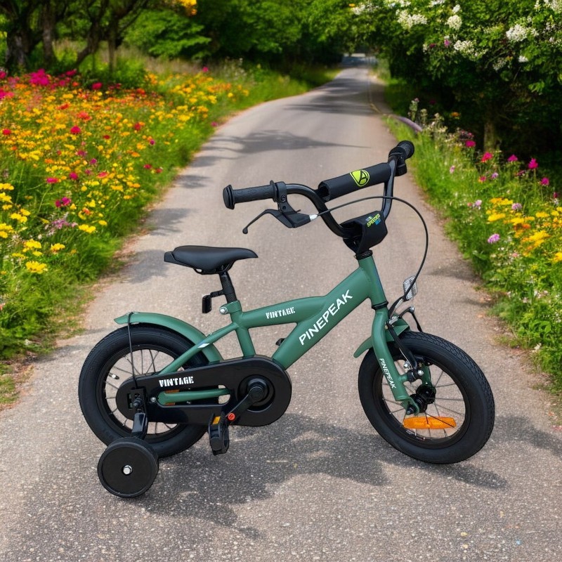 Bicicleta pentru copii Procart Verde cadru din otel, roti 12 inch, reglare inaltime, frana v-brake, stop si far, roti ajutatoare - 1 | YEO