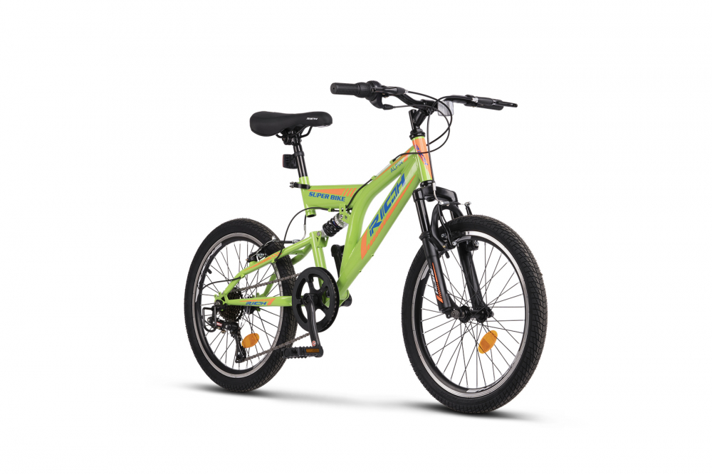 Bicicleta MTB-FS Rich Alpin R2049A VerdeAlbastruPortocaliu Saiguan Revoshift 7 viteze roti 20 inch frane V-Brake inaltime utilizator 110-140 cm greutate suportata 60 kg