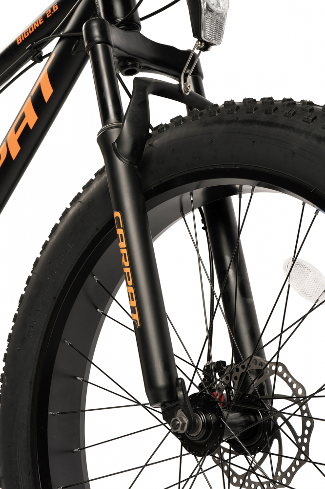 Bicicleta MTB-Fat Bike CARPAT Bigone C26278G NegruPortocaliu, Schimbator spate Shimano Altus, 16 viteze, roti 26 inch, frane mecanice disc, inaltime utilizator 150-195 cm, greutate suportata 120 kg - 1 | YEO