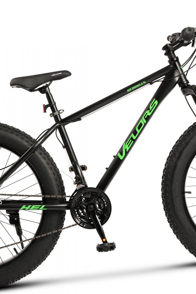 Bicicleta MTB-HT Fat Bike Velors Hercules V2619D NegruVerde, roti 26 inch, 21 viteze, echipare Shimano, frane disc, Cauciucuri Late 26x4.0 - 5