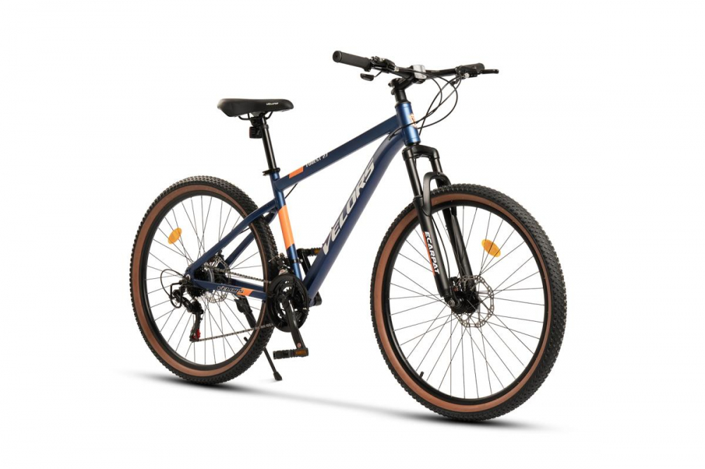 Bicicleta MTB-HT Velors Forest 2.7 V27302B 27 AlbastruAlbPortocaliu 21 Viteze Aluminiu. Echipare Shimano Frane Disc Cabluri Integrate Cauciuc