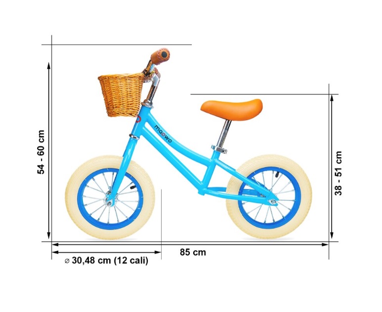Bicicleta fara pedale pentru copii, Maawo, roti de 12 inch cu spite si anvelope pneumatice, cadru din aliaj de magneziu, design ergonomic, Saua si ghidonul reglabile, sarcina maxima 30 kg, Cos impletit din rachita, Blue Urban - 1 | YEO