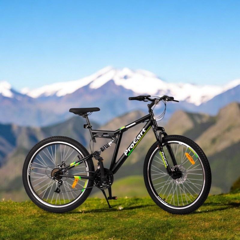 Bicicleta Procart MTB Verde full suspension, roti 26 inch, 21 viteze, frane mecanice pe disc, cric, far si stop - 4