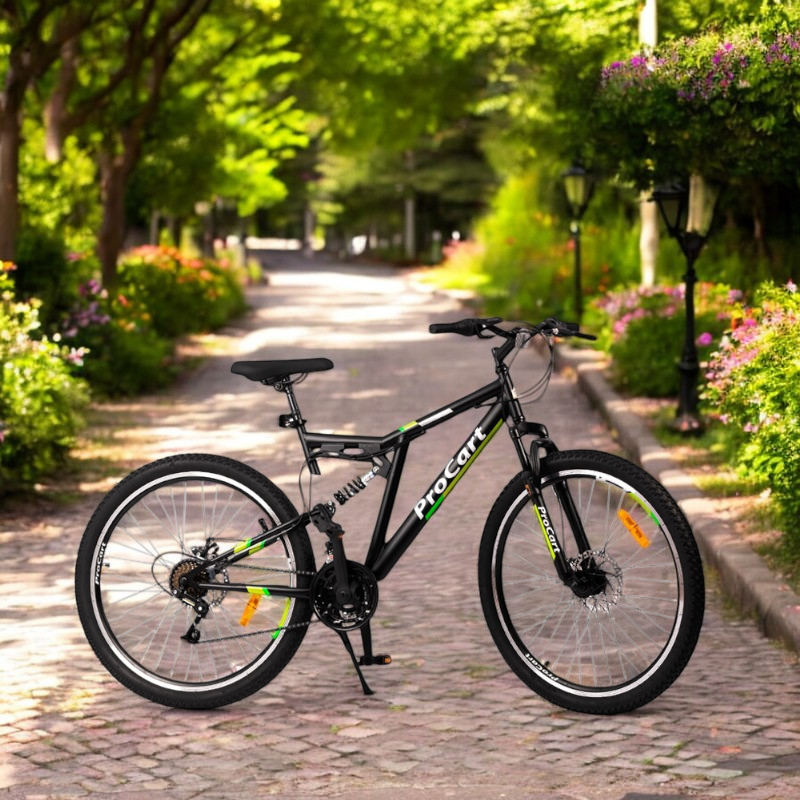 Bicicleta Procart MTB Verde full suspension, roti 26 inch, 21 viteze, frane mecanice pe disc, cric, far si stop - 5