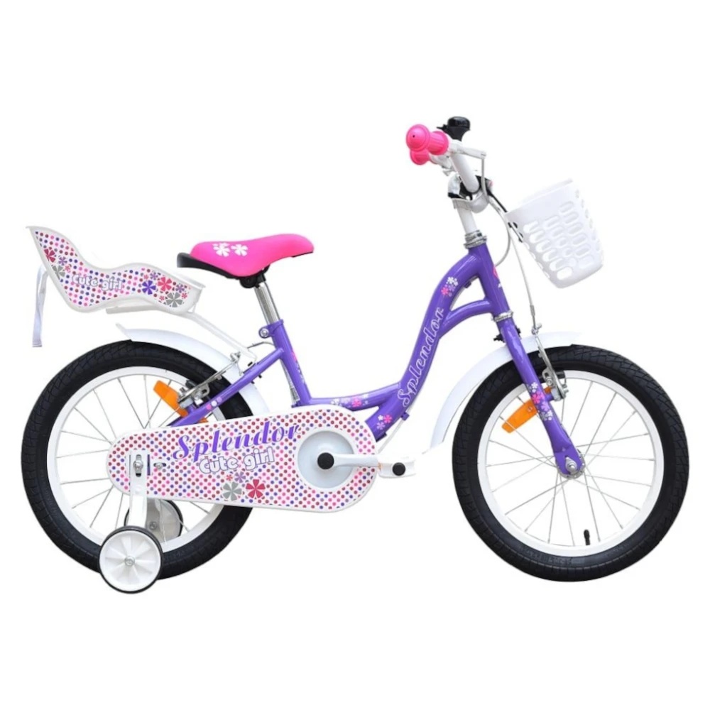 Bicicleta pentru copii Novokids SplendOr Boom PRO Edition Mov Cosulet pentru papusi Roti 14 inch Greutate admisa 50 kg Cadru din otel Roti ajutatoare detasabile Ghidon reglabil pe inaltime