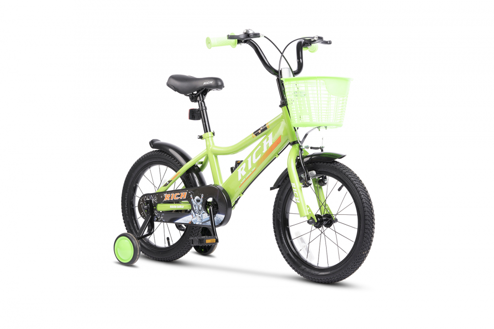 Bicicleta pentru copii Rich Bike R1605A VerdeAlb roti 16 inch frana fata V-Brake frana spate tambur roti ajutatoare greutate suportata 60 kg inaltime utilizator 100-115 cm