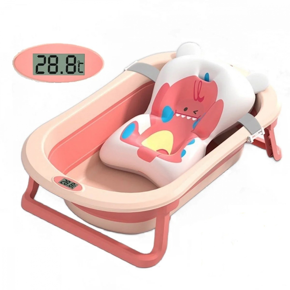 Cadita bebelusi pliabila Little Mom Dino Pink, include o perna de siguranta detasabila, termometru cu display digital, protectie anti-alunecare, 87x51x23 cm