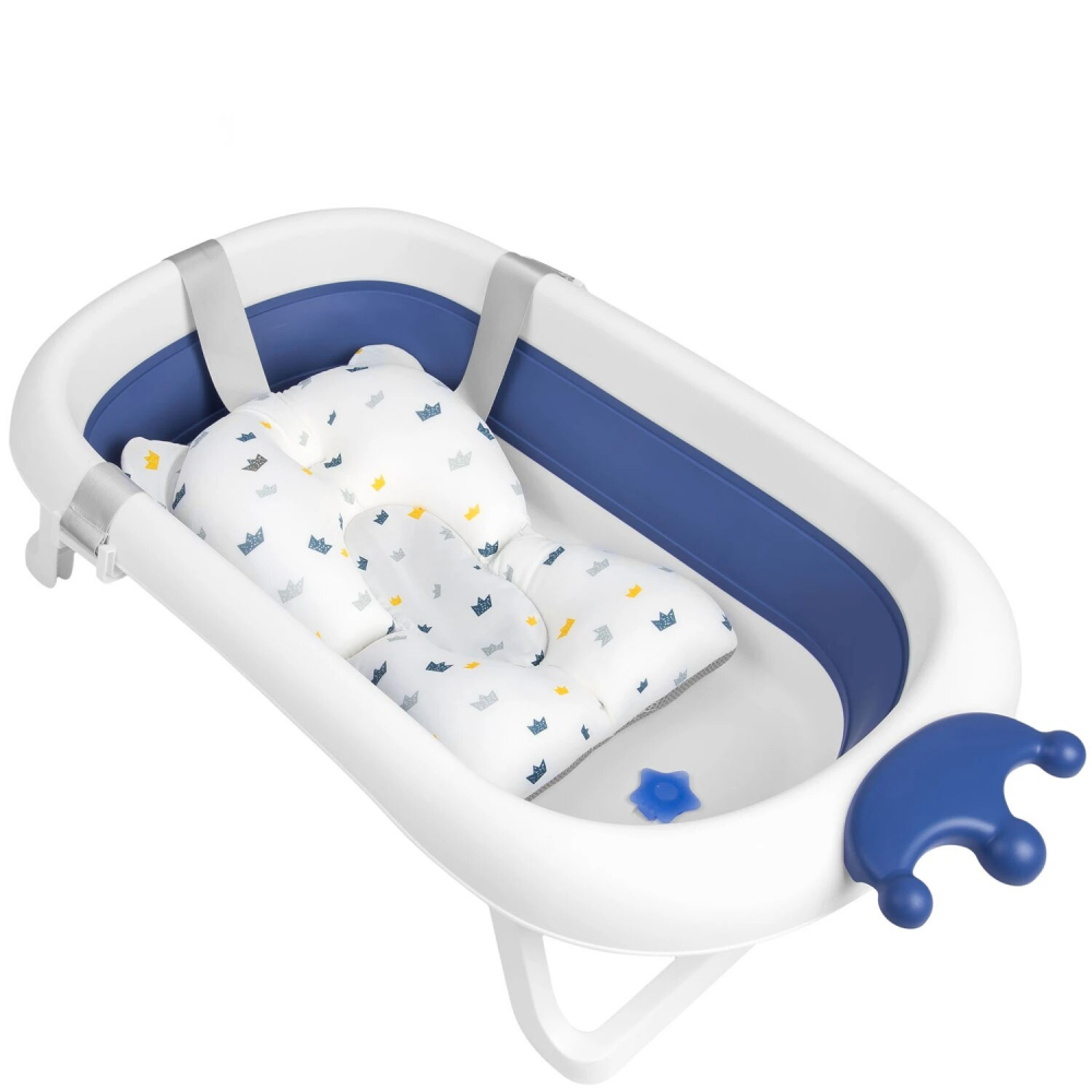 Cadita pentru bebelusi pliabila cu pernuta reductor Little Mom King Blue, dimensiune 82 x 50 x 21.5 cm, dop cu Senzor de temperatura, picioare solide si antiderapante - 1 | YEO