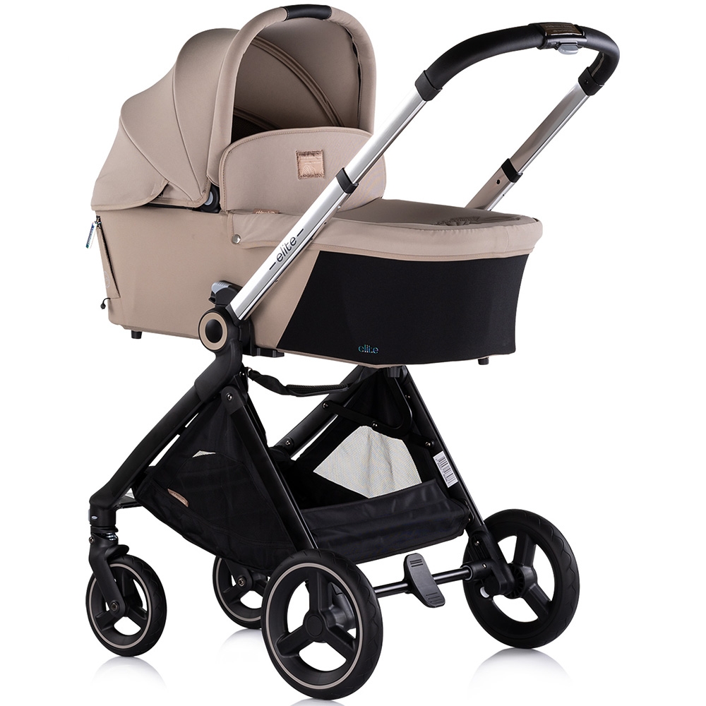 Carucior pentru copii Chipolino Elite 3 in 1 tiramisu cu spatar reglabil, suspensii, maner ajustabil, suport picioare reglabil si accesorii