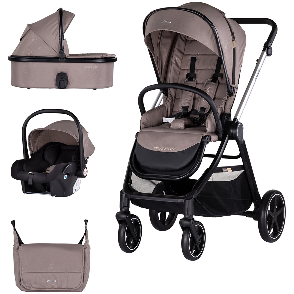Carucior pentru copii Chipolino Marbella 3 in 1 tiramisu cu spatar reglabil, suspensii,  maner ajustabil, bara detasabila, suport picioare reglabil