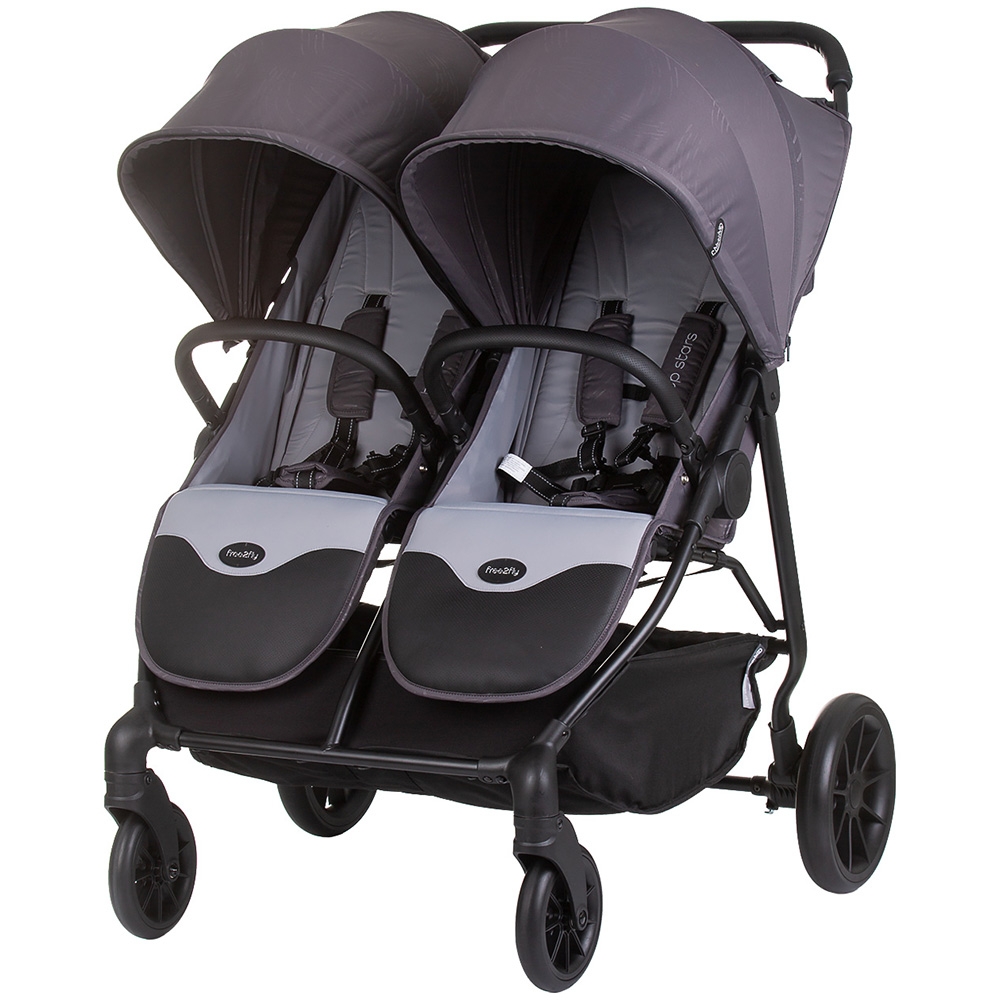 Carucior pentru gemeni Chipolino Top Stars anthracite cu spatar reglabil, suspensii, suport picioare ajustabil, bara de protectie detasabila si accesorii