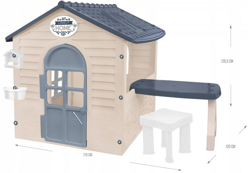 Casuta de joaca de exterior pentru copii cu masuta si scaunel Mochtoys Gri 120 x 175 x 120,5 cm