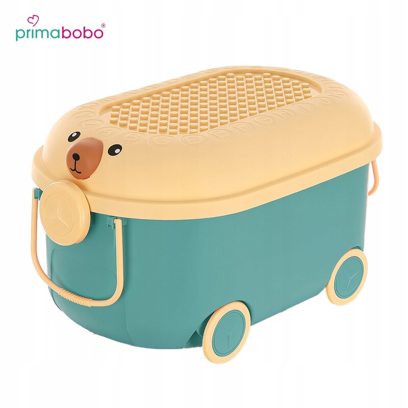 Cutie pentru jucarii Primabobo Ursulet Albastru cu suprafata adaptata blocurilor Lego, maner si roti 46 cm - 2