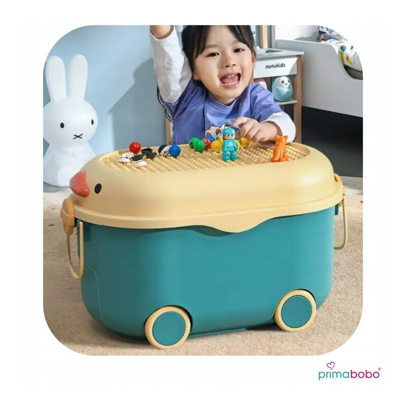 Cutie pentru jucarii Primabobo Ursulet Albastru cu suprafata adaptata blocurilor Lego, maner si roti 46 cm - 3
