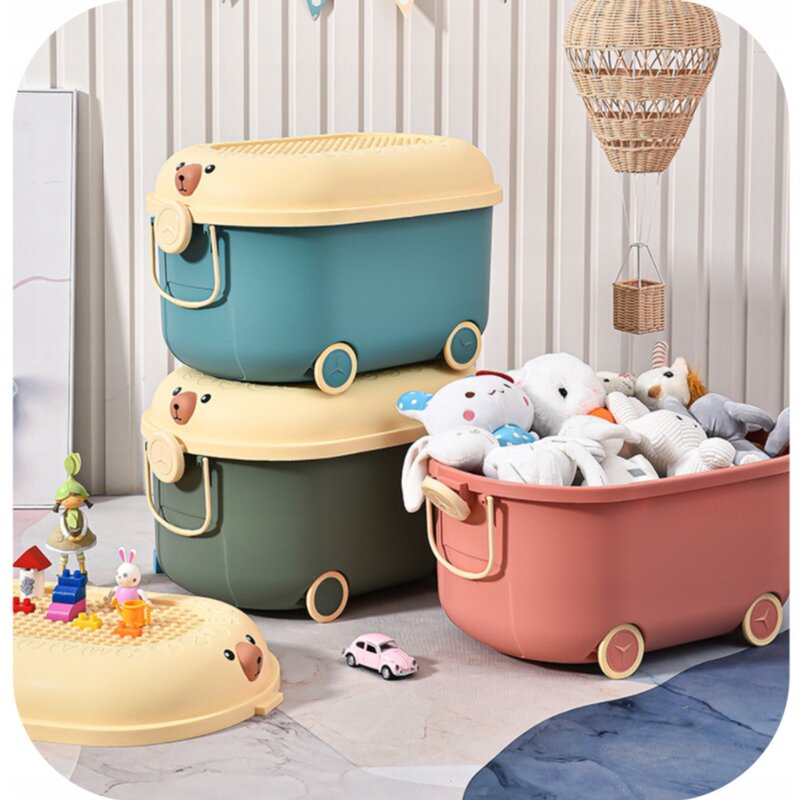 Cutie pentru jucarii Primabobo Ursulet Roz cu suprafata adaptata blocurilor Lego, maner si roti 46 cm - 1