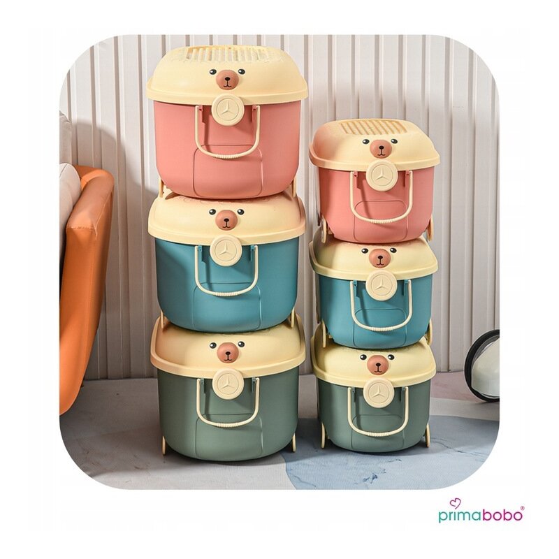Cutie pentru jucarii Primabobo Ursulet Roz cu suprafata adaptata blocurilor Lego, maner si roti 46 cm - 2