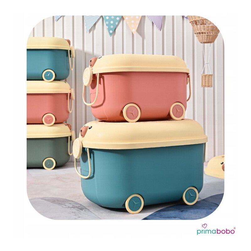 Cutie pentru jucarii Primabobo Ursulet Roz cu suprafata adaptata blocurilor Lego, maner si roti 46 cm - 4