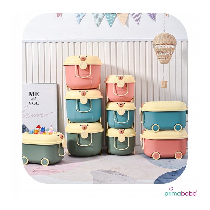 Cutie pentru jucarii Primabobo Ursulet Roz cu suprafata adaptata blocurilor Lego, maner si roti 46 cm - 5