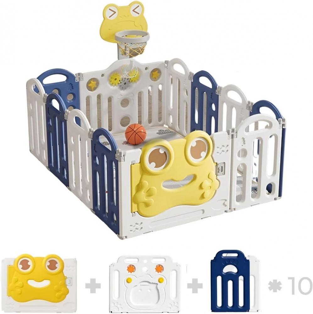 Gardulet loc de joaca pentru copii Nichiduta Garden Blue Frog, pliabil si portabil, de interiorexterior, compus din 14 panouri de gard + 2 panouri laterale cu Cos de baschet si angrenaje rotative, dimensiune 150 x 187.5cm - 1 | YEO