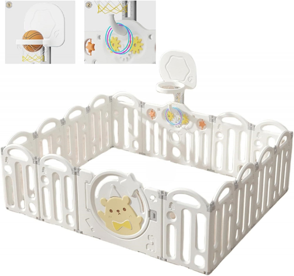 Gardulet loc de joaca pentru copii Nichiduta Garden Bear White, pliabil si portabil, de interiorexterior, compus din 14 panouri de gard + 2 panouri laterale cu Cos de baschet si angrenaje rotative - 1 | YEO