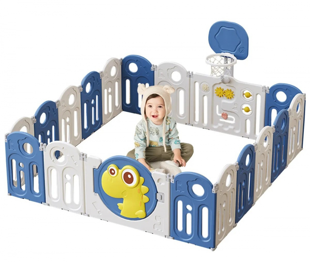 Gardulet loc de joaca pentru copii Nichiduta Garden Blue Dinosaur pliabil si portabil, de interiorexterior, compus din 14 panouri de gard + 2 panouri laterale, inalt 61cm, Cos de baschet si angrenaje rotative - 1 | YEO