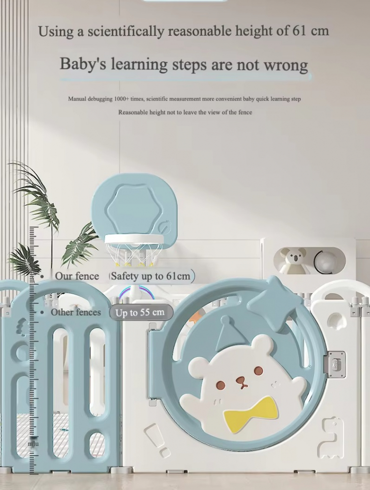 Gardulet loc de joaca pentru copii Nichiduta Garden WhiteBlue Bear, pliabil si portabil, de interiorexterior, compus din 14 panouri de gard + 2 panouri laterale cu Cos de baschet si angrenaje rotative - 1 | YEO
