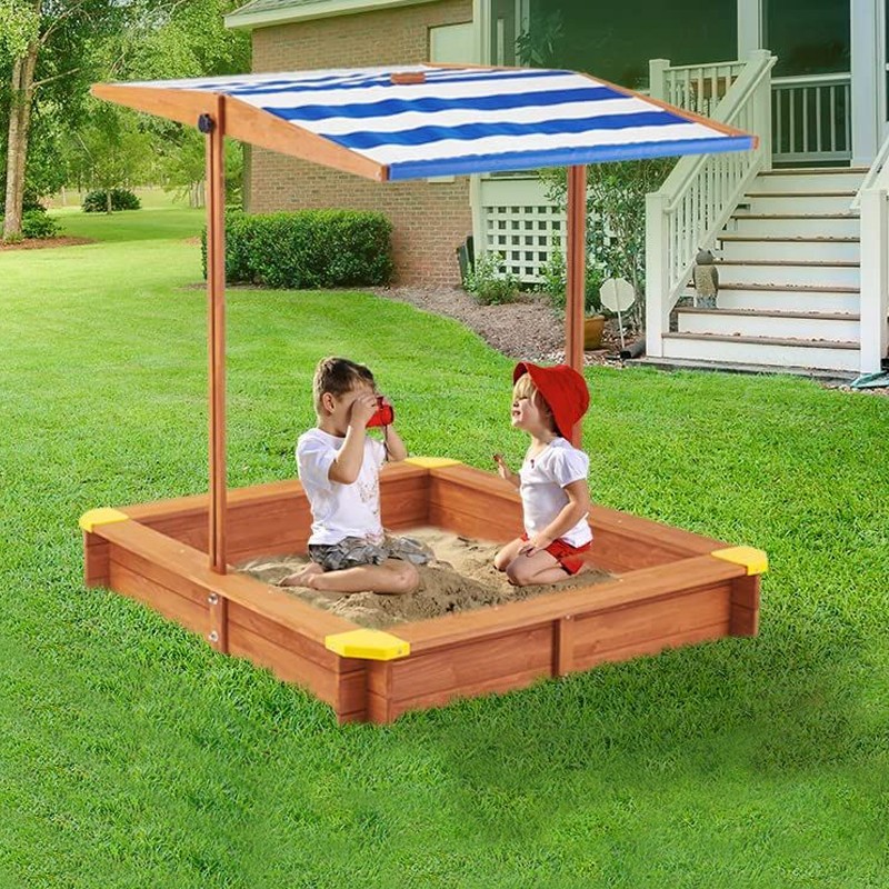 Lada de nisip pentru copii, acoperis parasolar ajustabil, rotativ la 180  grade, 120x120x20 cm, lemn - 1 | YEO