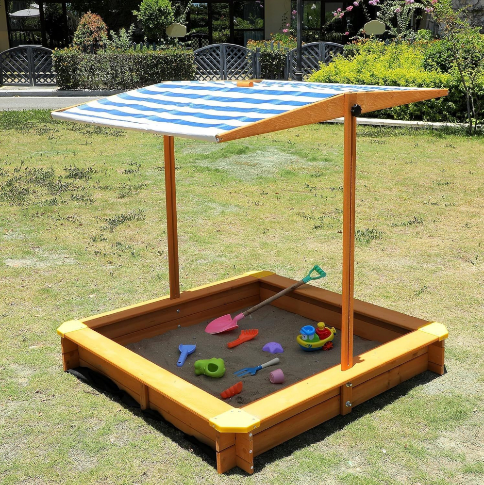 Lada de nisip pentru copii, acoperis parasolar ajustabil, rotativ la 180  grade, 120x120x20 cm, lemn - 2 | YEO