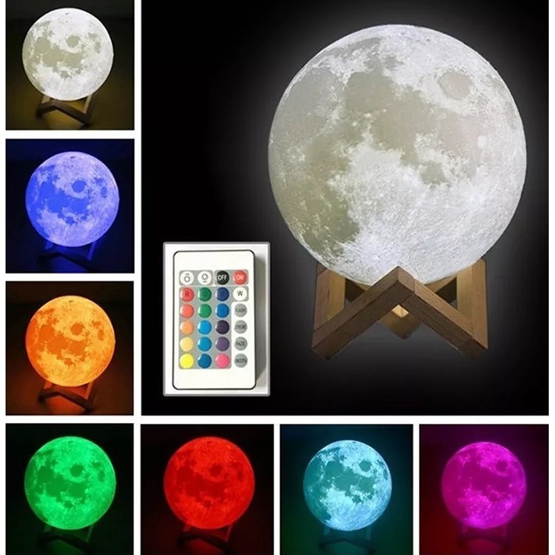 Lampa de veghe luna 3d 20 cm, 16 culori, telecomanda, suport lemn, reincarcabila usb - 1