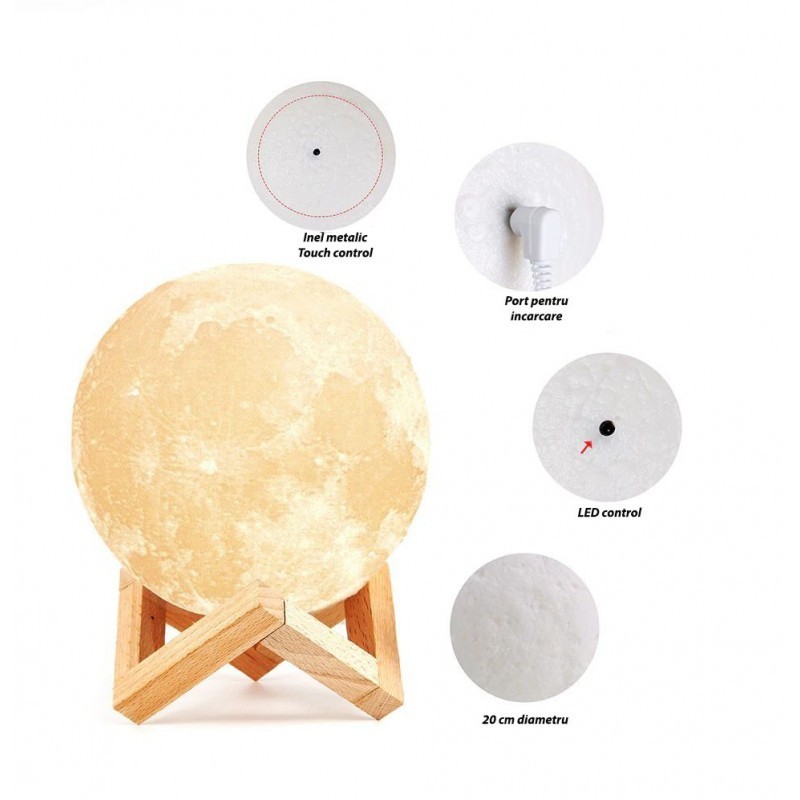 Lampa de veghe luna 3d 20 cm, 16 culori, telecomanda, suport lemn, reincarcabila usb - 3