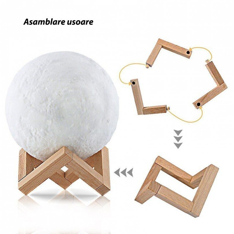 Lampa de veghe luna 3d 20 cm, 16 culori, telecomanda, suport lemn, reincarcabila usb - 6