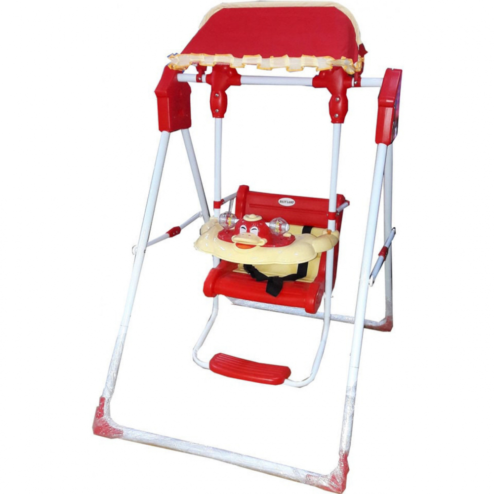 Leagan pentru copii Novokids Ratusca Rosu pentru interior si exterior, Cu melodii si lumini, Suport picioare, Centura de siguranta