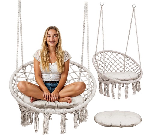 Leagan suspendat pentru copiiadulti Sofotel Boho Bej utilizare interiorexterior 80x63x57 cm, sarcina maxima 150 kg, spatar inalt, cadru metalic, perna inclusa - 1 | YEO